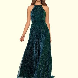 Betsy & Adam Crinkled Metallic Halter Gown, Color Jade, Size 10 Petite.
